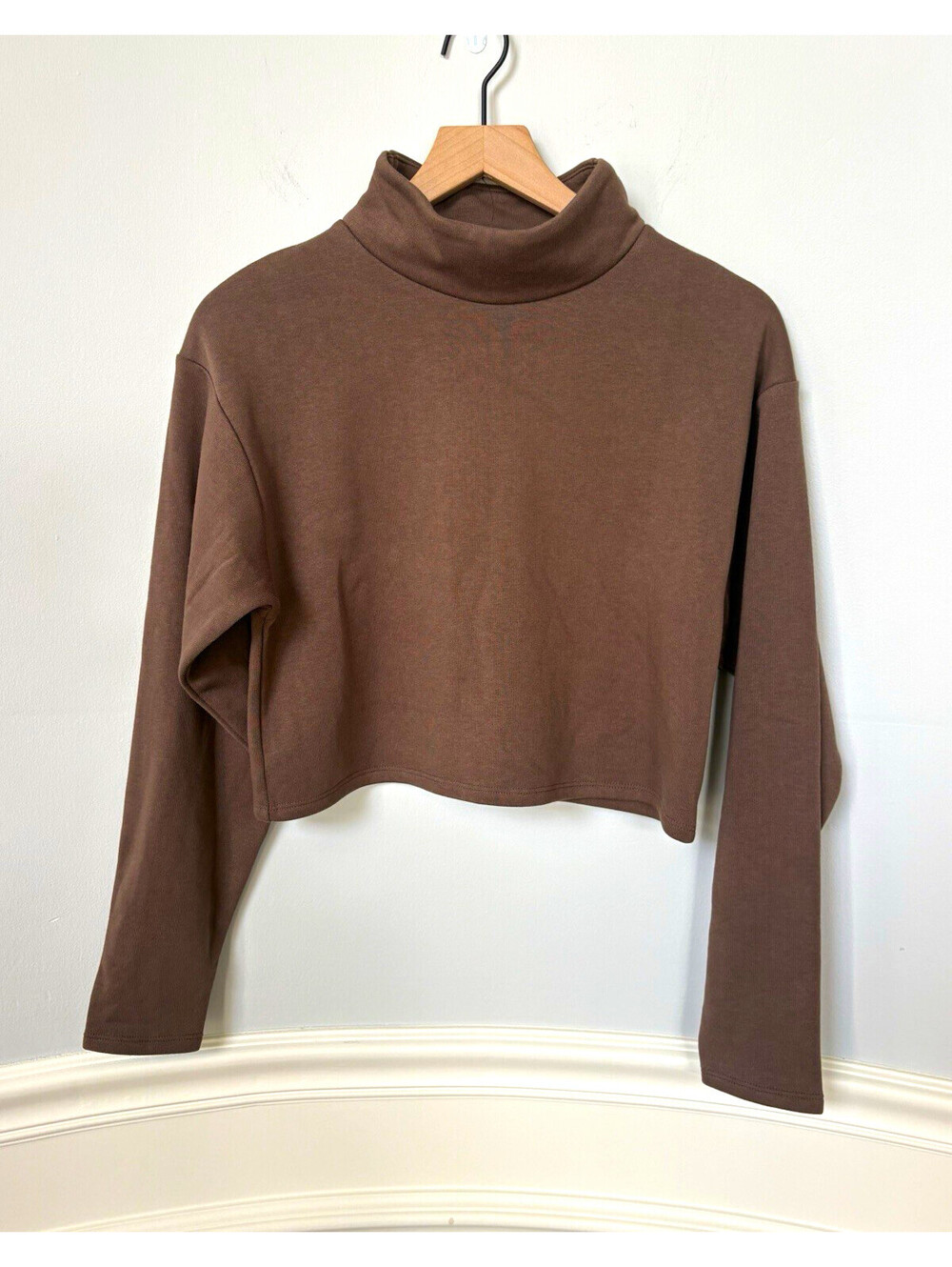 Express Brown Knit Cropped Mock Neck Pullover Top Long Sleeve Size S